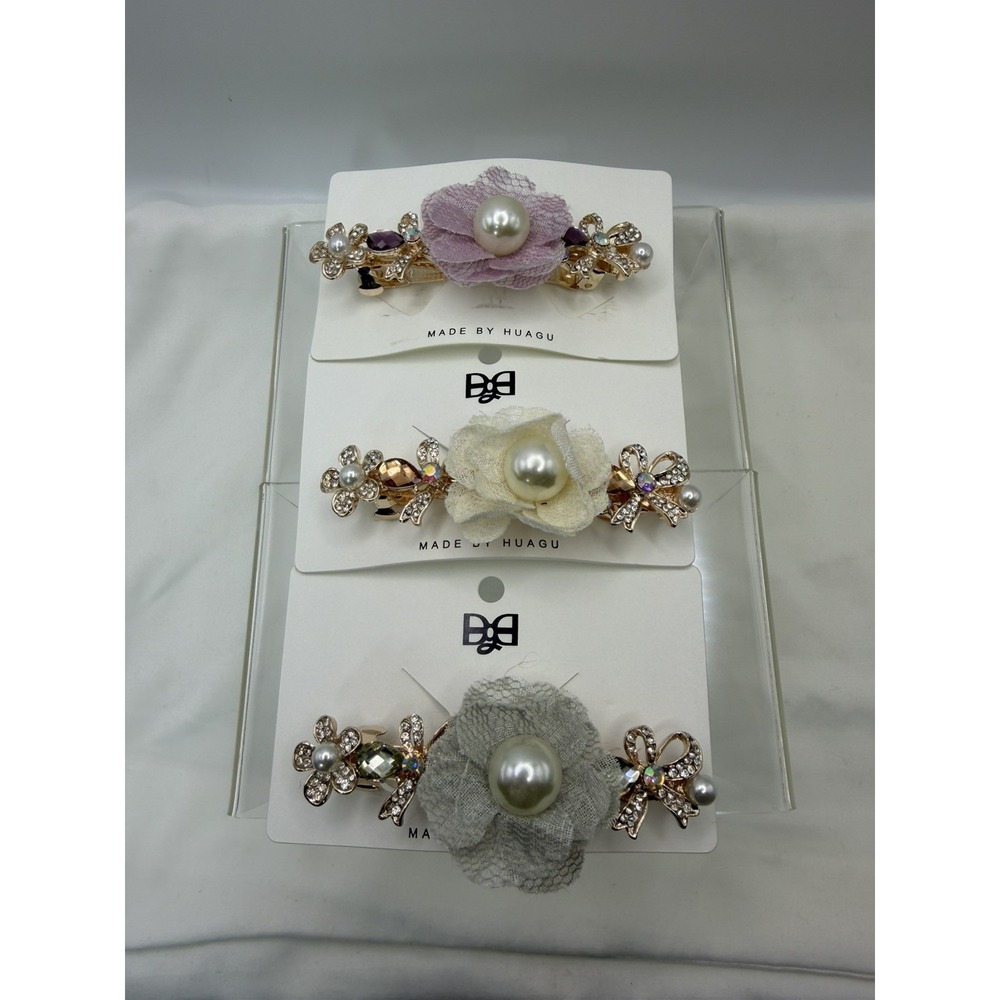 3 Rhinestone  3.25" Barrettes Light Amber Gold New Floral Pearl